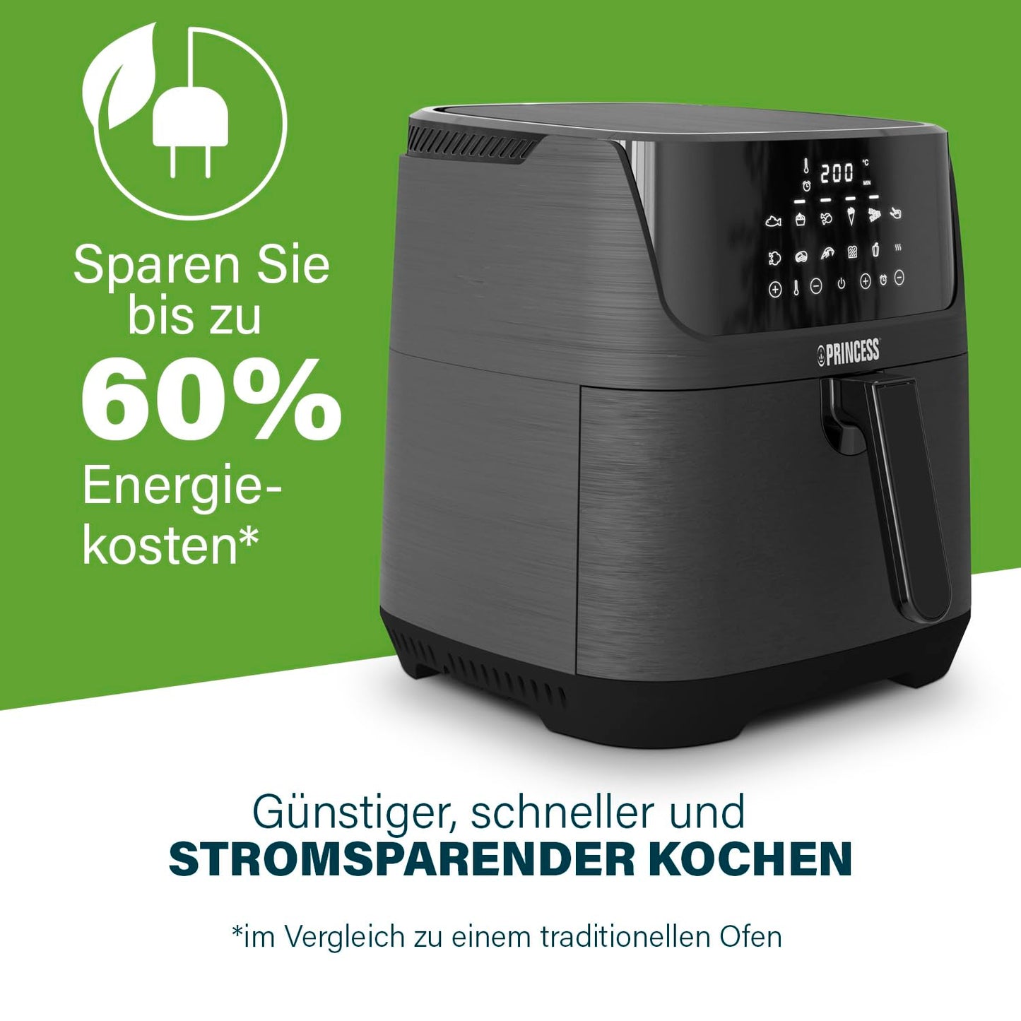 Princess Digital Hot Air Fryer - 6.5 L - with Removable Divider - 60 Percent Less Energy Consumption - Digital Touchscreen - 12 Programmes - Oil Free - Black - 182061