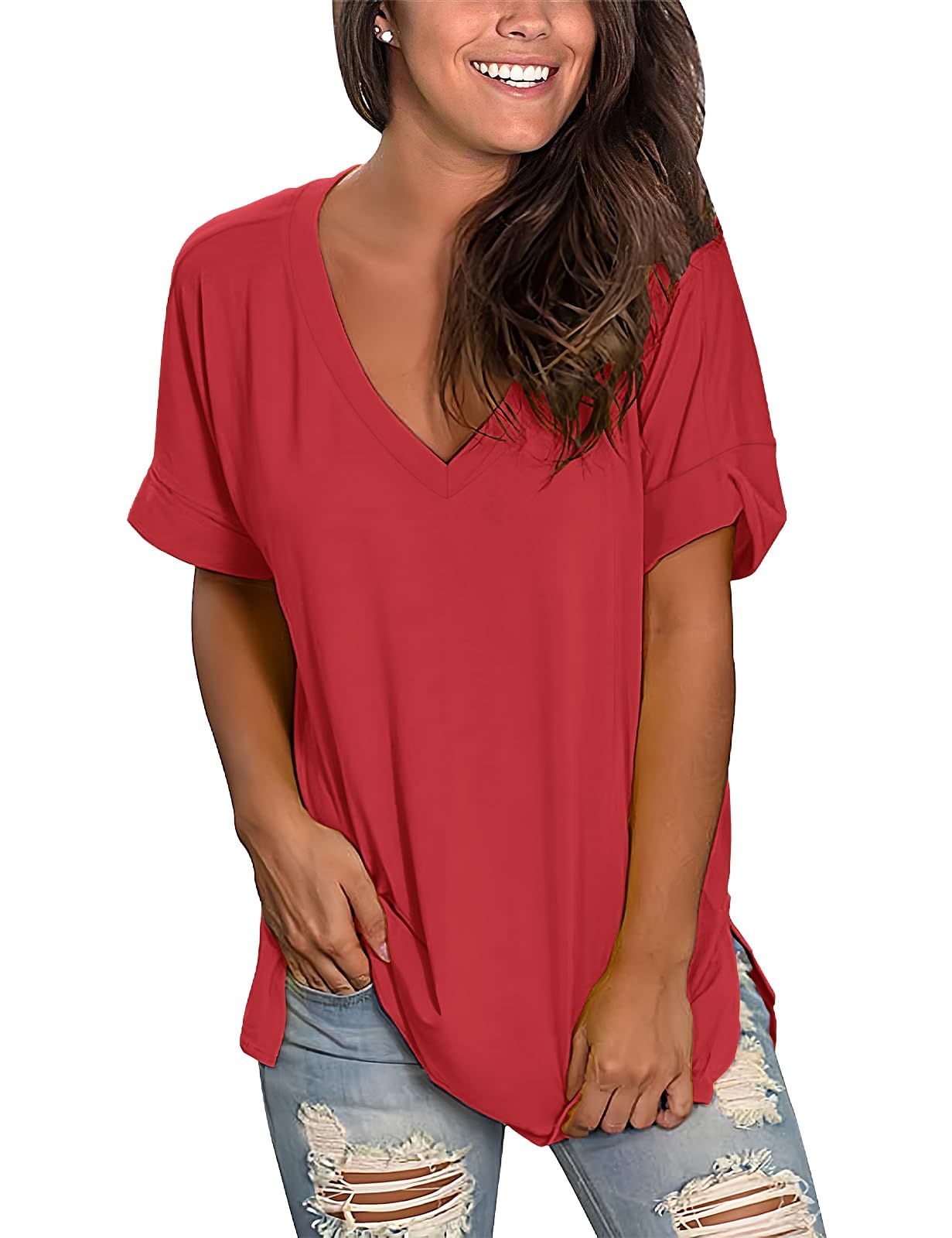 Women’s V-Neck Cotton T-Shirt – Short Sleeve Loose Fit Summer Tee