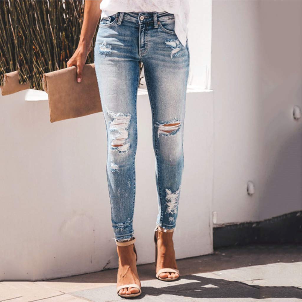 KKPW Women’s Stretch Jeans Slim Ripped High-Waist Skinny Pants with Visible Button Fly