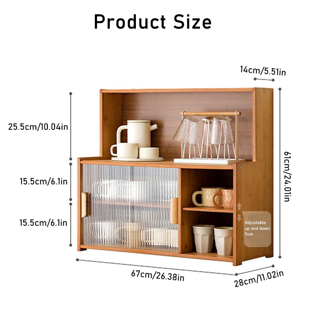 SINBINTA Bambus-Küchen-Sideboard, Küchenschrank mit 2 Glasschiebetüren, freistehender Essschrank, Aufbewahrungsschrank für Flaschen, Schalen, 67 cm lang