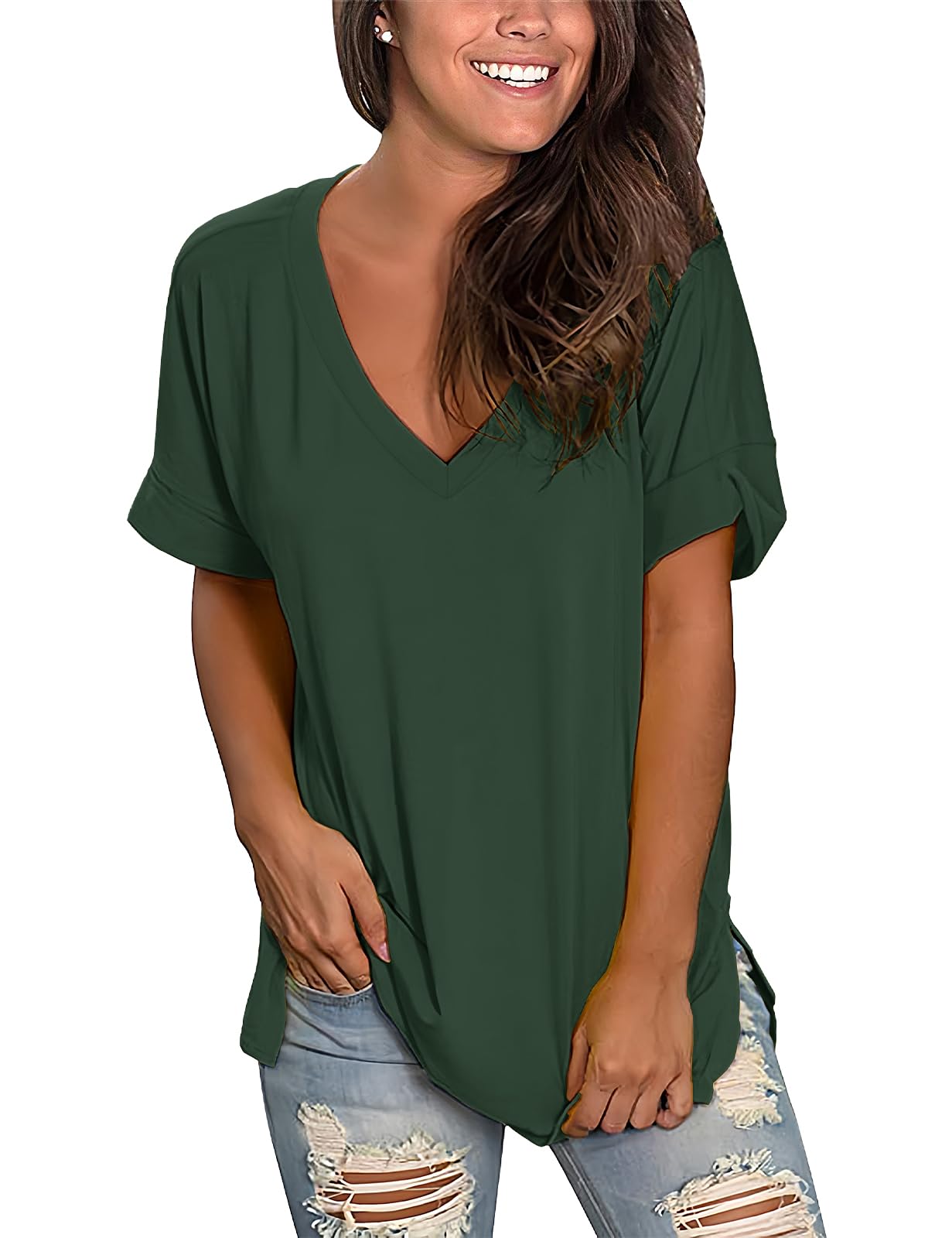 Women’s V-Neck Cotton T-Shirt – Short Sleeve Loose Fit Summer Tee