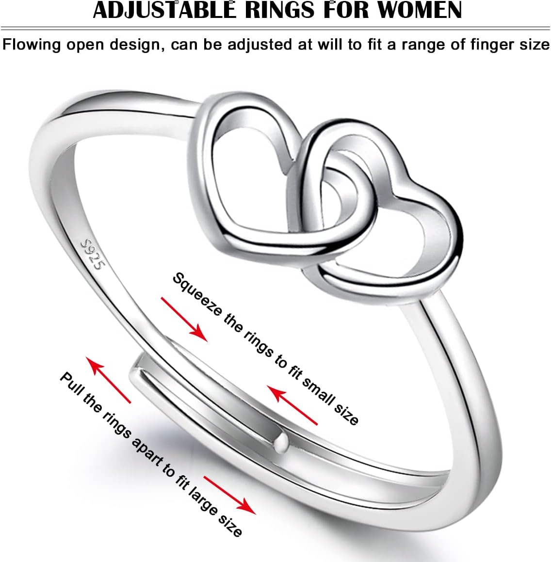 925 Sterling Silver Heart Ring – Adjustable Silver Jewelry for Women