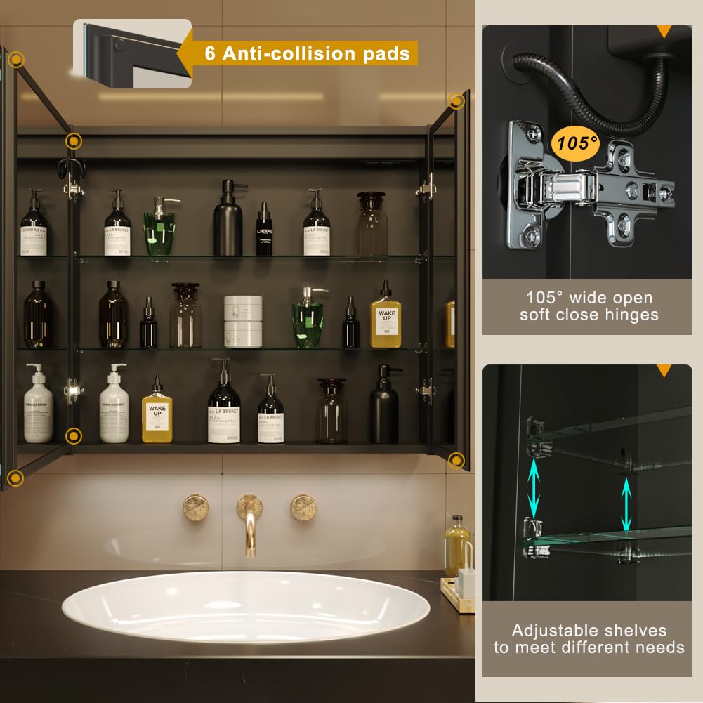 KWW LED Beleuchtetes Badezimmer Medizin Kabinett mit Spiegel, Farbtemperatur Einstellbar, Anti-Nebel Dimmbare Lichter, Steckdosen für USBs (80 x 70 cm)