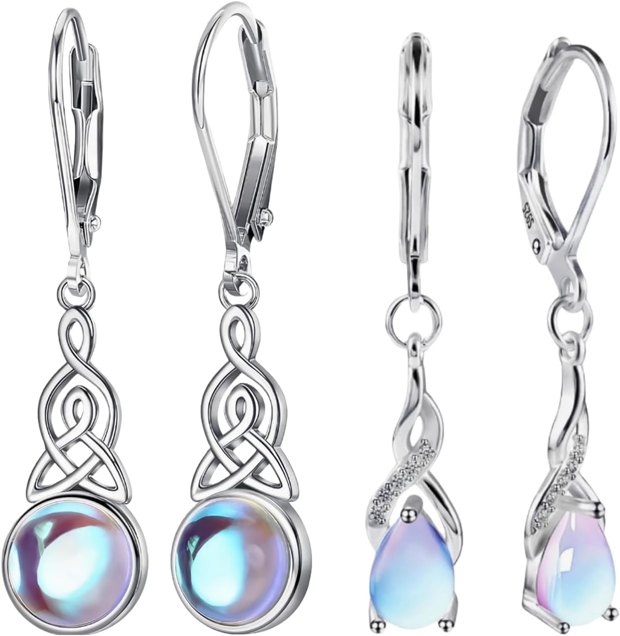 2 Pair 925 Sterling Silver Moonstone Dangle Earrings for Women