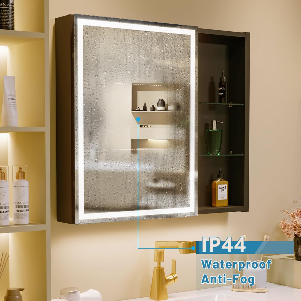 KWW LED Beleuchtetes Badezimmer Medizin Kabinett mit Spiegel, Farbtemperatur Einstellbar, Anti-Nebel Dimmbare Lichter, Steckdosen für USBs (80 x 70 cm)