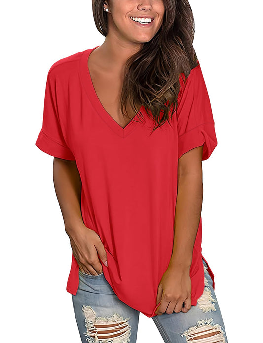 Women’s V-Neck Cotton T-Shirt – Short Sleeve Loose Fit Summer Tee