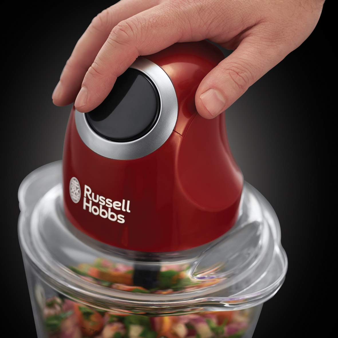 Russell Hobbs Zerkleinerer elektrisch Mini [Glasbehälter inkl. Aufbewahrungsdeckel] Desire Rot (500ml, Gemüsezerkleinerer, Mixer, Multi-& Universalzerkleinerer f. Gemüse, Obst & Fleisch) 24660-56