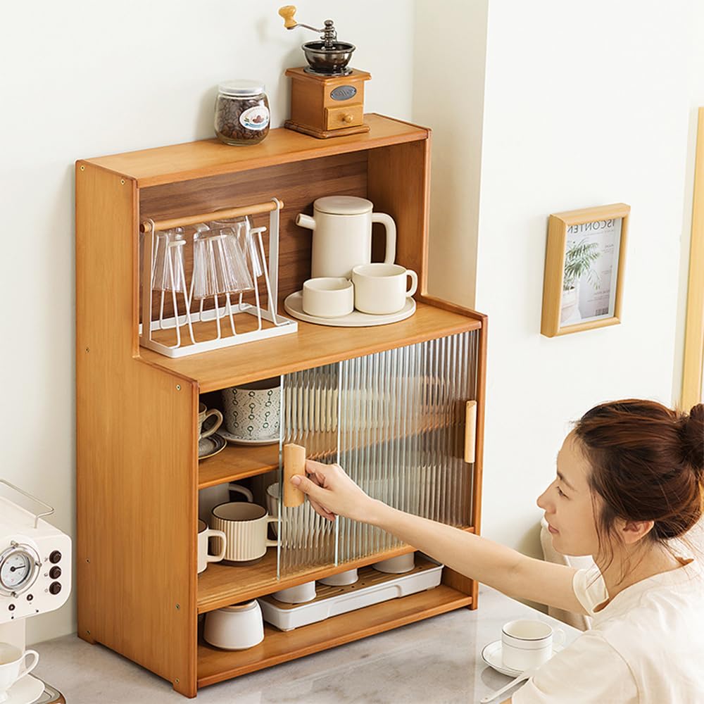 SINBINTA Bambus-Küchen-Sideboard, Küchenschrank mit 2 Glasschiebetüren, freistehender Essschrank, Aufbewahrungsschrank für Flaschen, Schalen, 67 cm lang