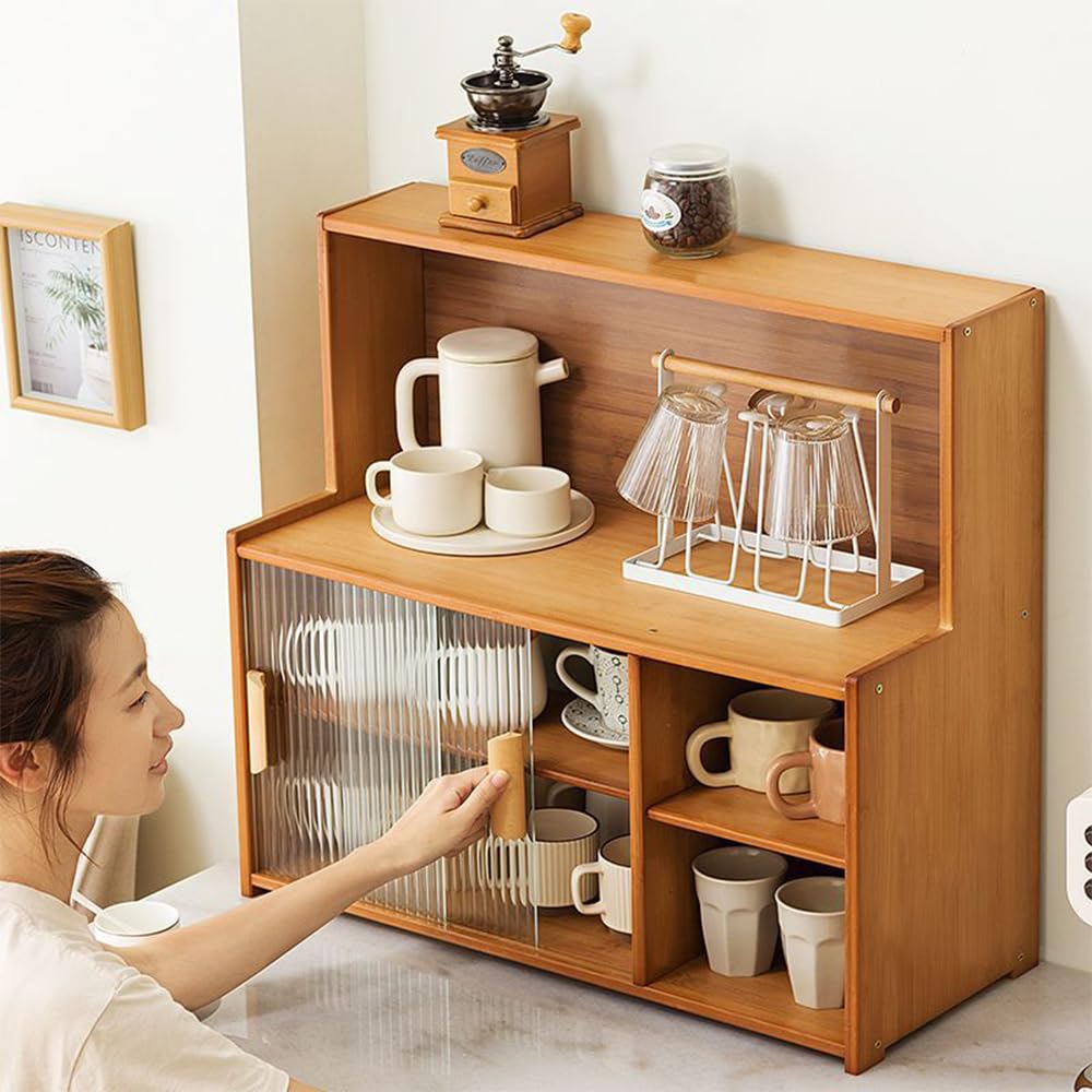SINBINTA Bambus-Küchen-Sideboard, Küchenschrank mit 2 Glasschiebetüren, freistehender Essschrank, Aufbewahrungsschrank für Flaschen, Schalen, 67 cm lang