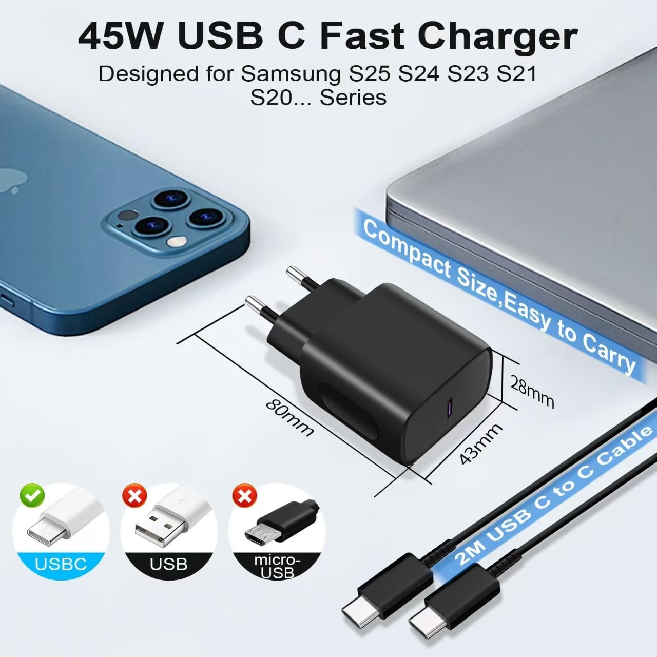 45 W USB C Charger Fast Charger and 2 m Fast Charging Cable for Samsung Galaxy S25 S24 S23 S22 S21 Ultra A56 A55 A54 A53 A16 A15 A13/S20, Fast Charger Power Supply USB C for iPhone Huawei Xiaomi 