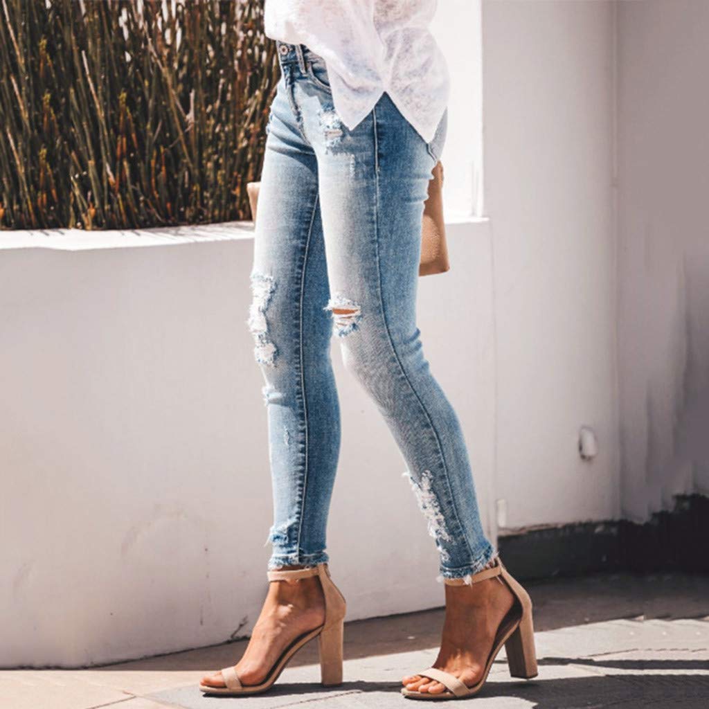 KKPW Women’s Stretch Jeans Slim Ripped High-Waist Skinny Pants with Visible Button Fly