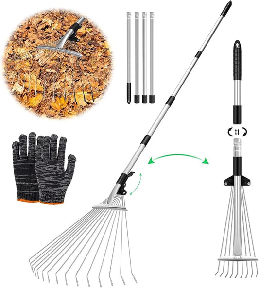 Laubrechen Verstellbar mit Stiel 215cm,Fächerbesen Laubbesen,Laubharke Metall mit Handschuhe,Gartenrechen,Rechen Garten,Laubfächer,Rasenrechen zum Reinigen von Pflanzen, Rasen und Hof