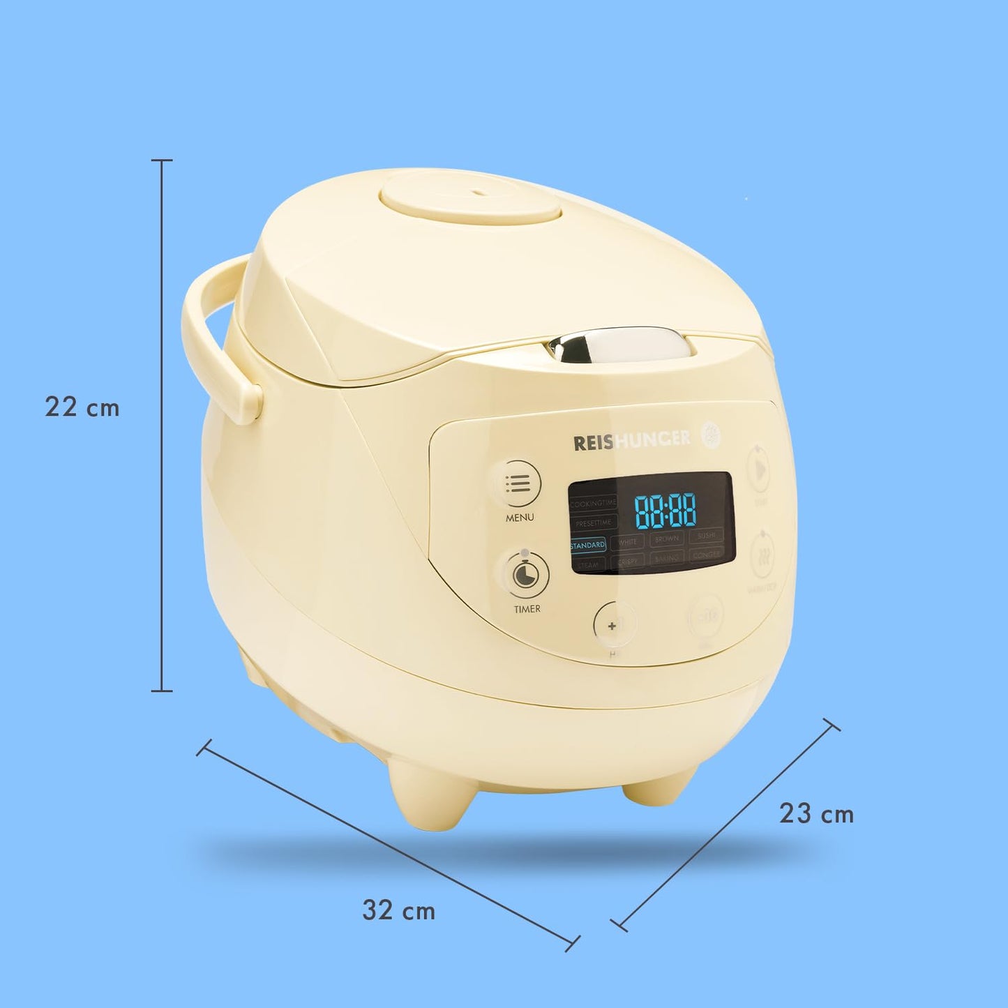 REISHUNGER Digitaler Reiskocher klein, schwarz | 0,6 L bis 3 Personen | Warmhaltefunktion, Timer & Premium Topf | Kleiner Multikocher & Dampfgarer, 8 Programme, 7-Phasen-Technologie