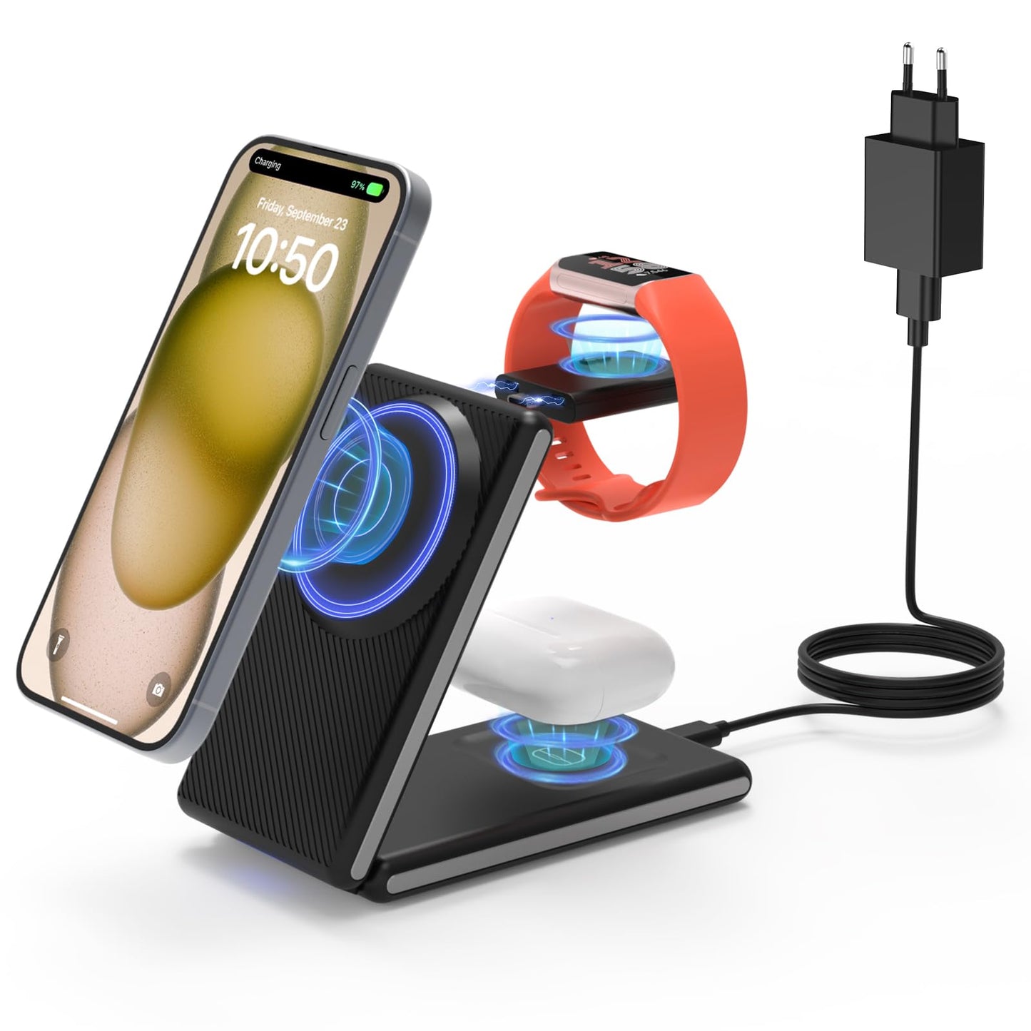 CIYOYO 3-in-1 Wireless Charging Station, Foldable MagSafe Charger for iPhone 16/15/14 Pro Max/Plus, Wireless Charger Stand for Apple Watch 10/9/8/7/6/5/Ultra, for AirPods 4/3/2/Pro, with Adapter 