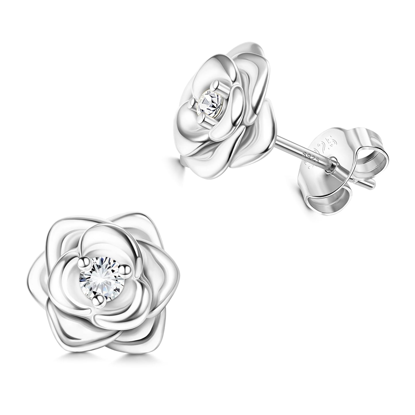 Small Rose Stud Earrings – 925 Sterling Silver with Zirconia