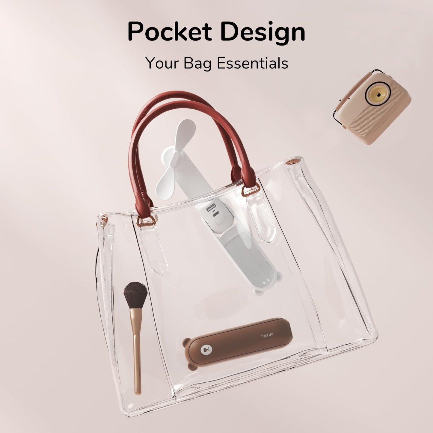 JISULIFE Mini Handventilator, 3-in-1 Handventilator, wiederaufladbarer USB [12–19 Betriebsstunden] mit Powerbank, Taschenlampe, tragbarer Ventilator für Reisen/Sommer, Geschenke für Frauen-Rosa
