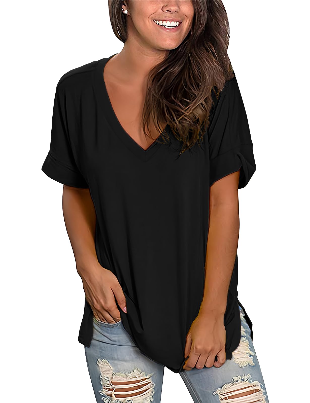 Women’s V-Neck Cotton T-Shirt – Short Sleeve Loose Fit Summer Tee