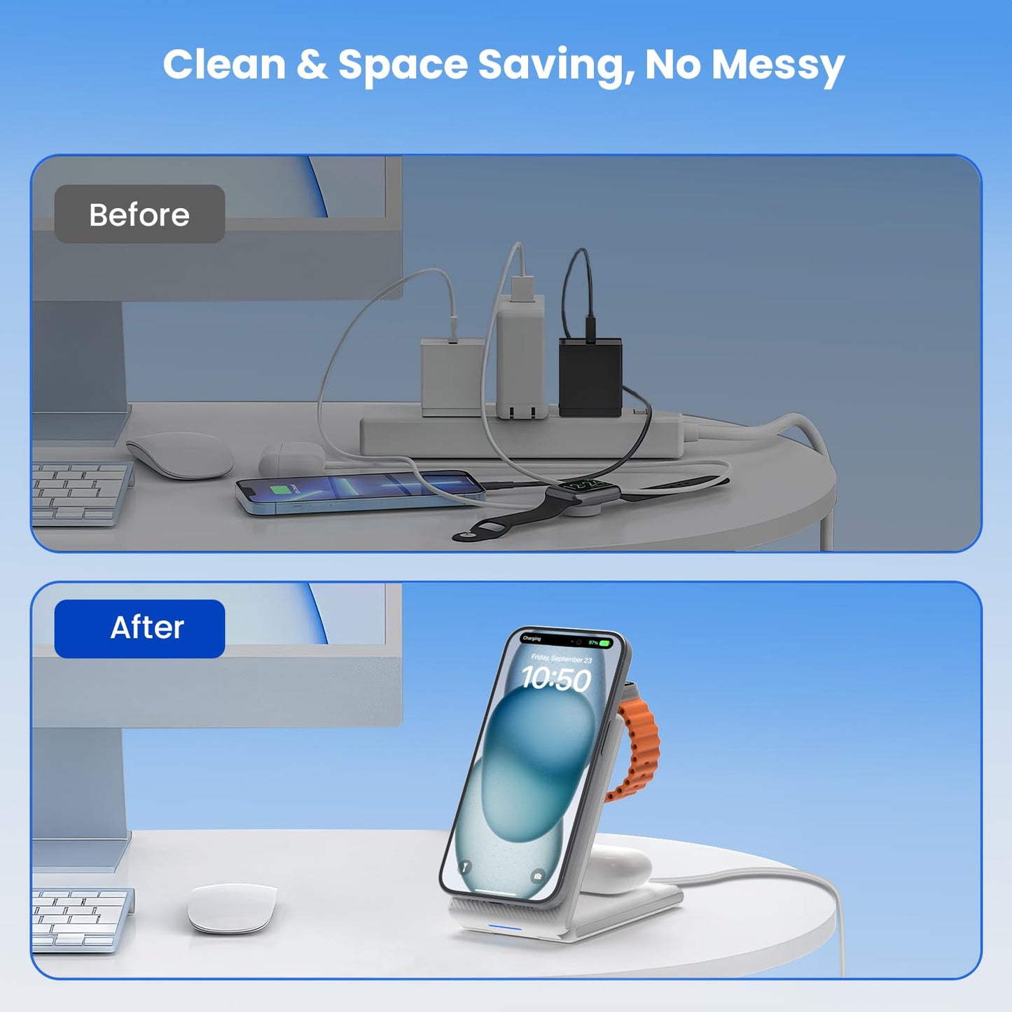 CIYOYO 3-in-1 Wireless Charging Station, Foldable MagSafe Charger for iPhone 16/15/14 Pro Max/Plus, Wireless Charger Stand for Apple Watch 10/9/8/7/6/5/Ultra, for AirPods 4/3/2/Pro, with Adapter 