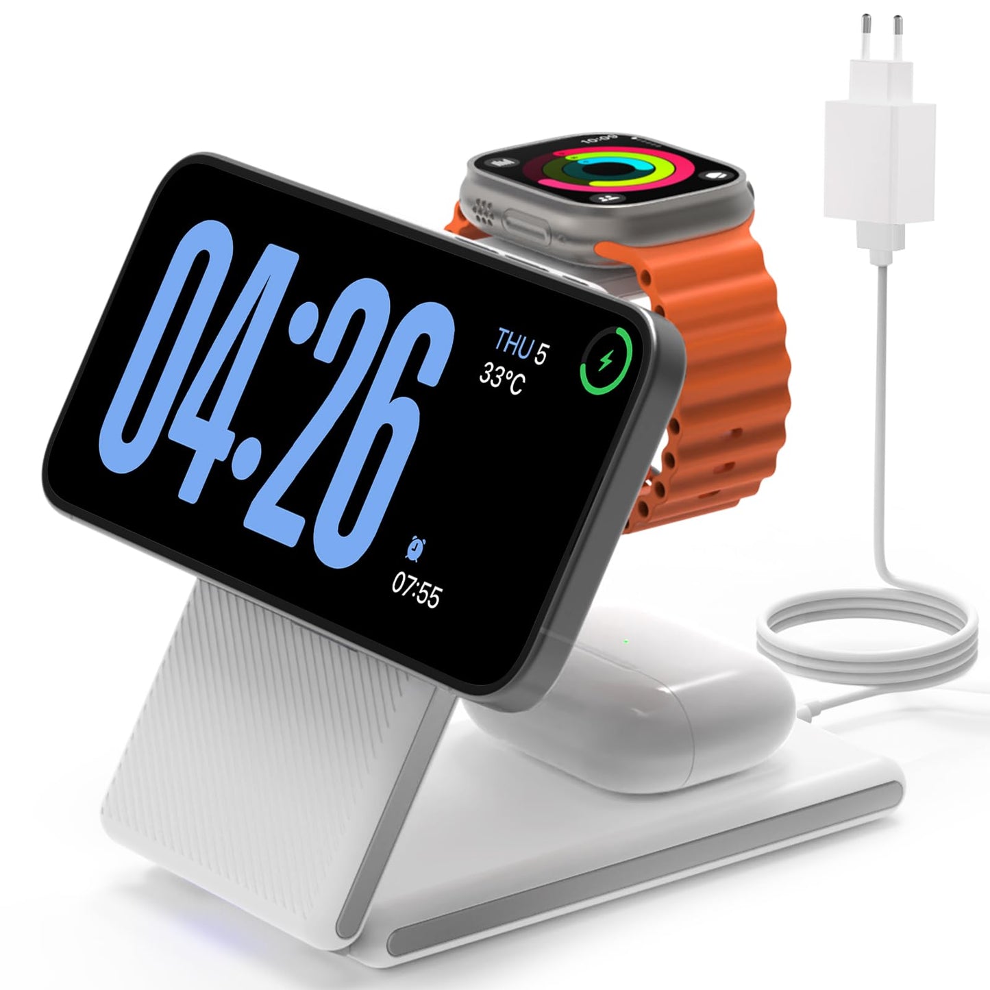 CIYOYO 3-in-1 Wireless Charging Station, Foldable MagSafe Charger for iPhone 16/15/14 Pro Max/Plus, Wireless Charger Stand for Apple Watch 10/9/8/7/6/5/Ultra, for AirPods 4/3/2/Pro, with Adapter 