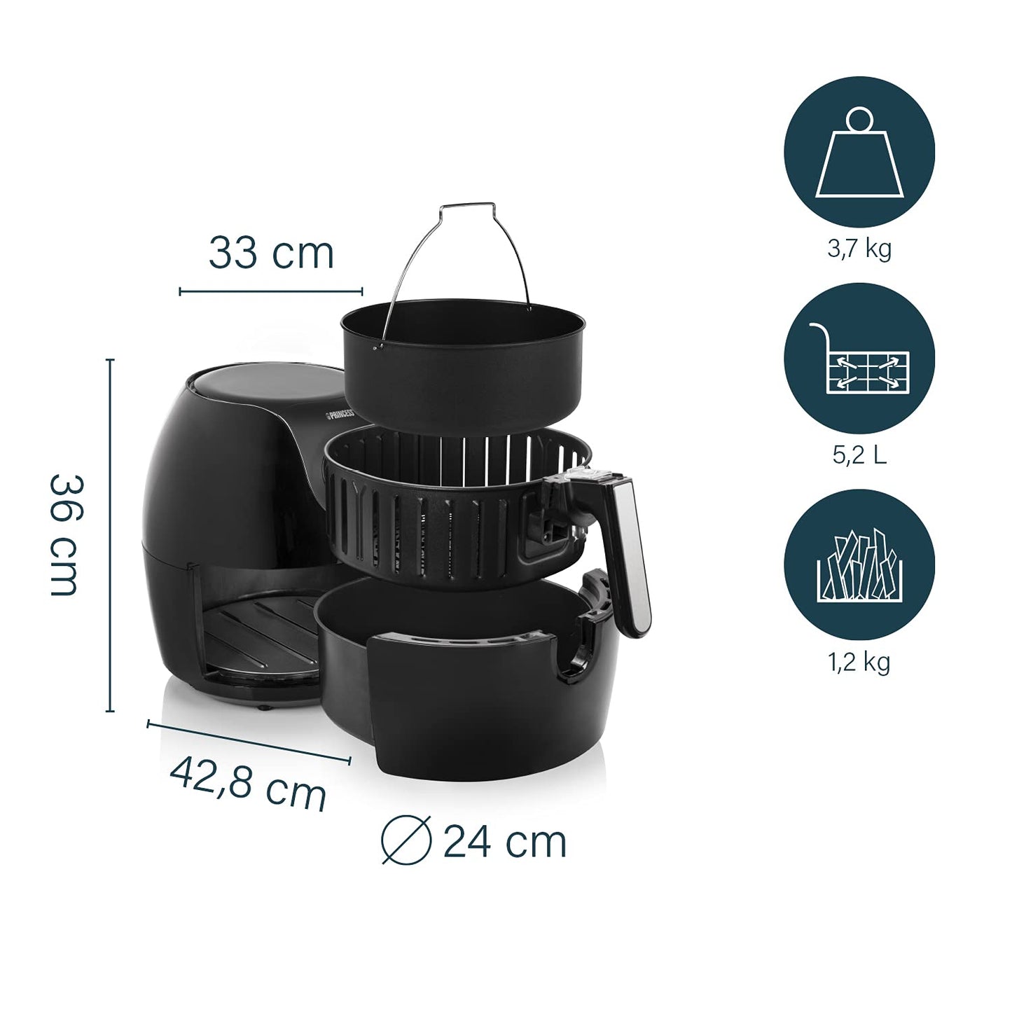 Princess Digital Hot Air Fryer - 6.5 L - with Removable Divider - 60 Percent Less Energy Consumption - Digital Touchscreen - 12 Programmes - Oil Free - Black - 182061