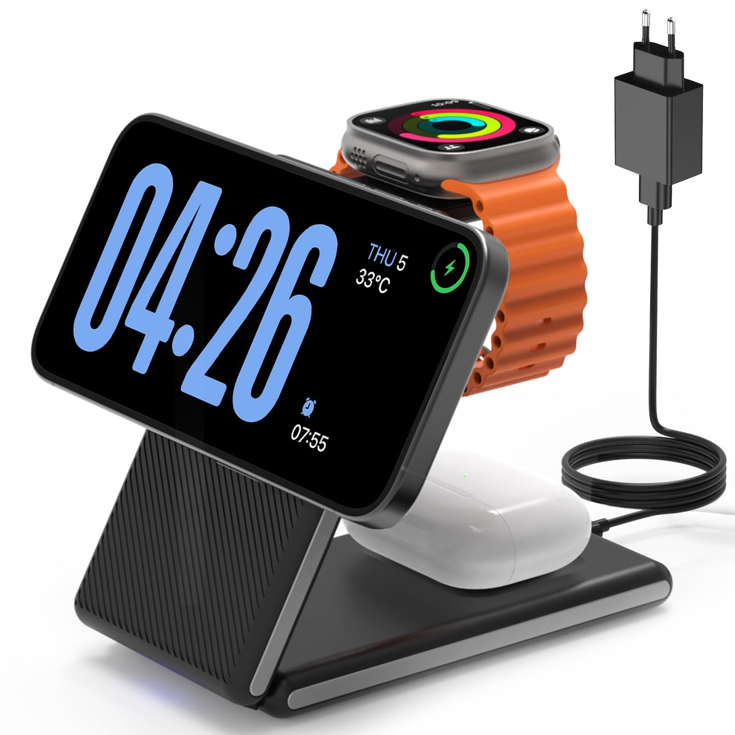 CIYOYO 3-in-1 Wireless Charging Station, Foldable MagSafe Charger for iPhone 16/15/14 Pro Max/Plus, Wireless Charger Stand for Apple Watch 10/9/8/7/6/5/Ultra, for AirPods 4/3/2/Pro, with Adapter 