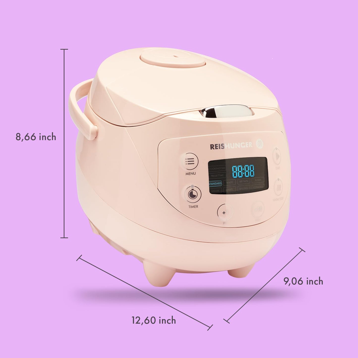 REISHUNGER Digitaler Reiskocher klein, schwarz | 0,6 L bis 3 Personen | Warmhaltefunktion, Timer & Premium Topf | Kleiner Multikocher & Dampfgarer, 8 Programme, 7-Phasen-Technologie