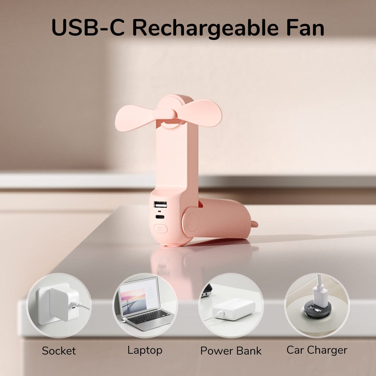 JISULIFE Mini Handventilator, 3-in-1 Handventilator, wiederaufladbarer USB [12–19 Betriebsstunden] mit Powerbank, Taschenlampe, tragbarer Ventilator für Reisen/Sommer, Geschenke für Frauen-Rosa