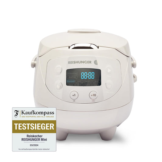 REISHUNGER Digitaler Reiskocher klein, schwarz | 0,6 L bis 3 Personen | Warmhaltefunktion, Timer & Premium Topf | Kleiner Multikocher & Dampfgarer, 8 Programme, 7-Phasen-Technologie
