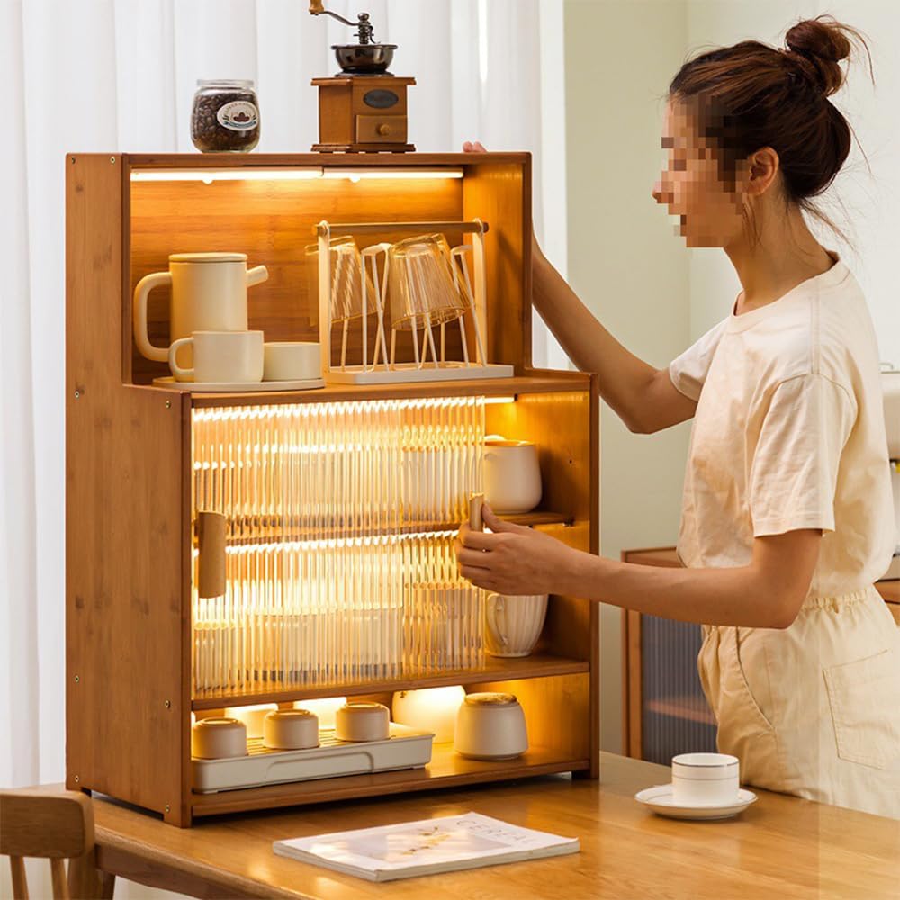 SINBINTA Bambus-Küchen-Sideboard, Küchenschrank mit 2 Glasschiebetüren, freistehender Essschrank, Aufbewahrungsschrank für Flaschen, Schalen, 67 cm lang