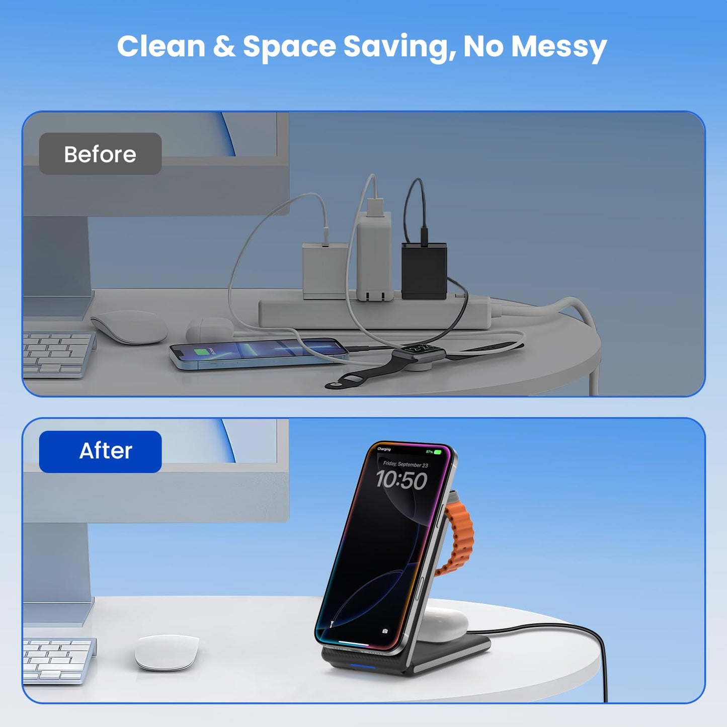 CIYOYO 3-in-1 Wireless Charging Station, Foldable MagSafe Charger for iPhone 16/15/14 Pro Max/Plus, Wireless Charger Stand for Apple Watch 10/9/8/7/6/5/Ultra, for AirPods 4/3/2/Pro, with Adapter 