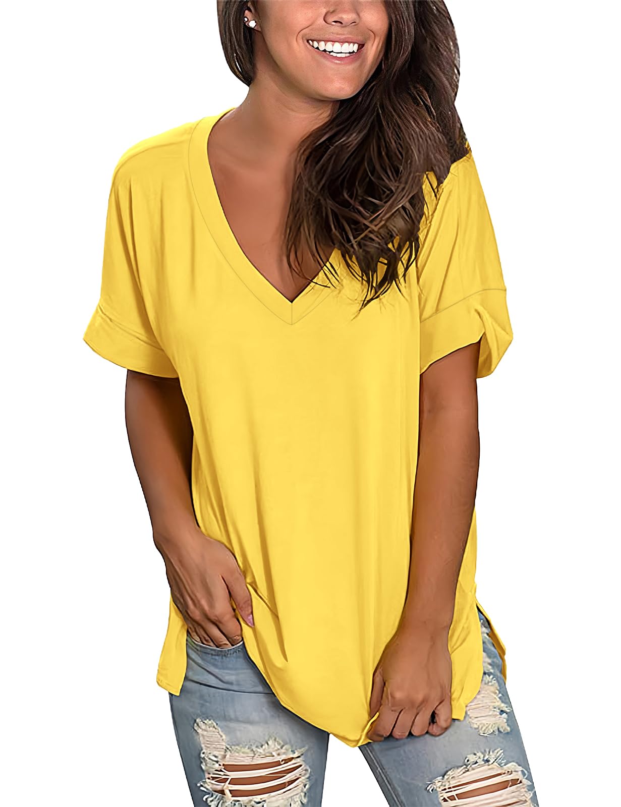Women’s V-Neck Cotton T-Shirt – Short Sleeve Loose Fit Summer Tee