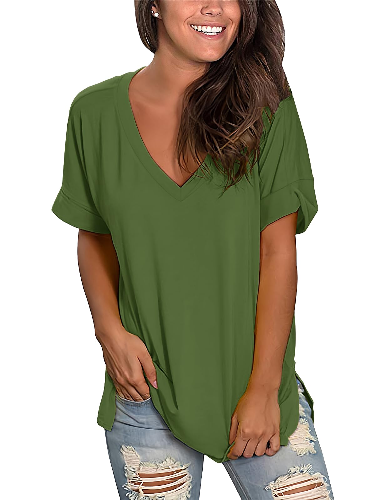 Women’s V-Neck Cotton T-Shirt – Short Sleeve Loose Fit Summer Tee
