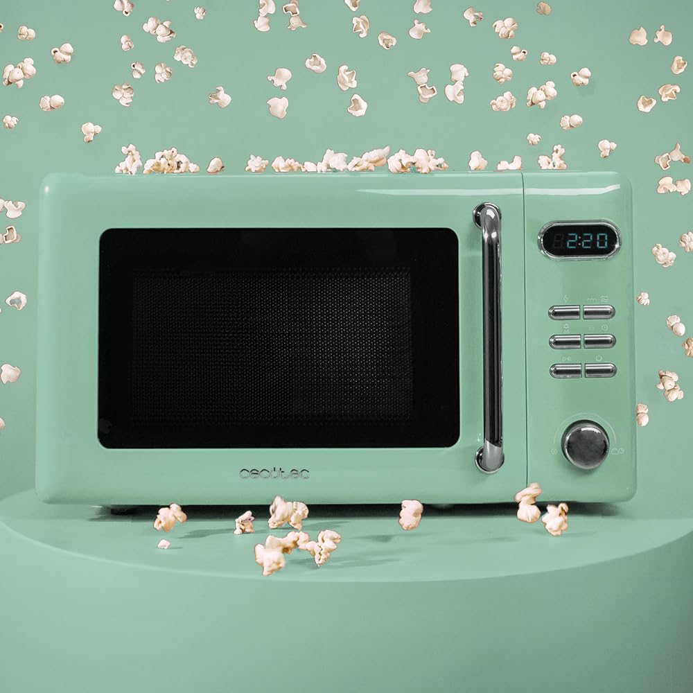 Cecotec Digitale Mikrowelle mit Grill Proclean 5110 Retro Green, 700 W in 5 Stufen, Timer bis 60 Minuten, 8 Programme und Auftaumodus, Vintage-Design in Grün