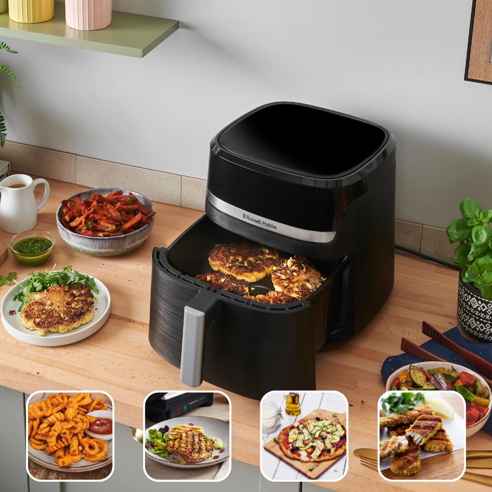 Russell Hobbs Heißluftfritteuse XXL 8L Rapid AirFryer [kompaktes Gehäuse,7 Kochfunktionen,10 Programme] SatisFry (spülmaschinenfest, max 220°C, Fritteuse ohne Öl, Grillen, Backen, Braten) 27170-56