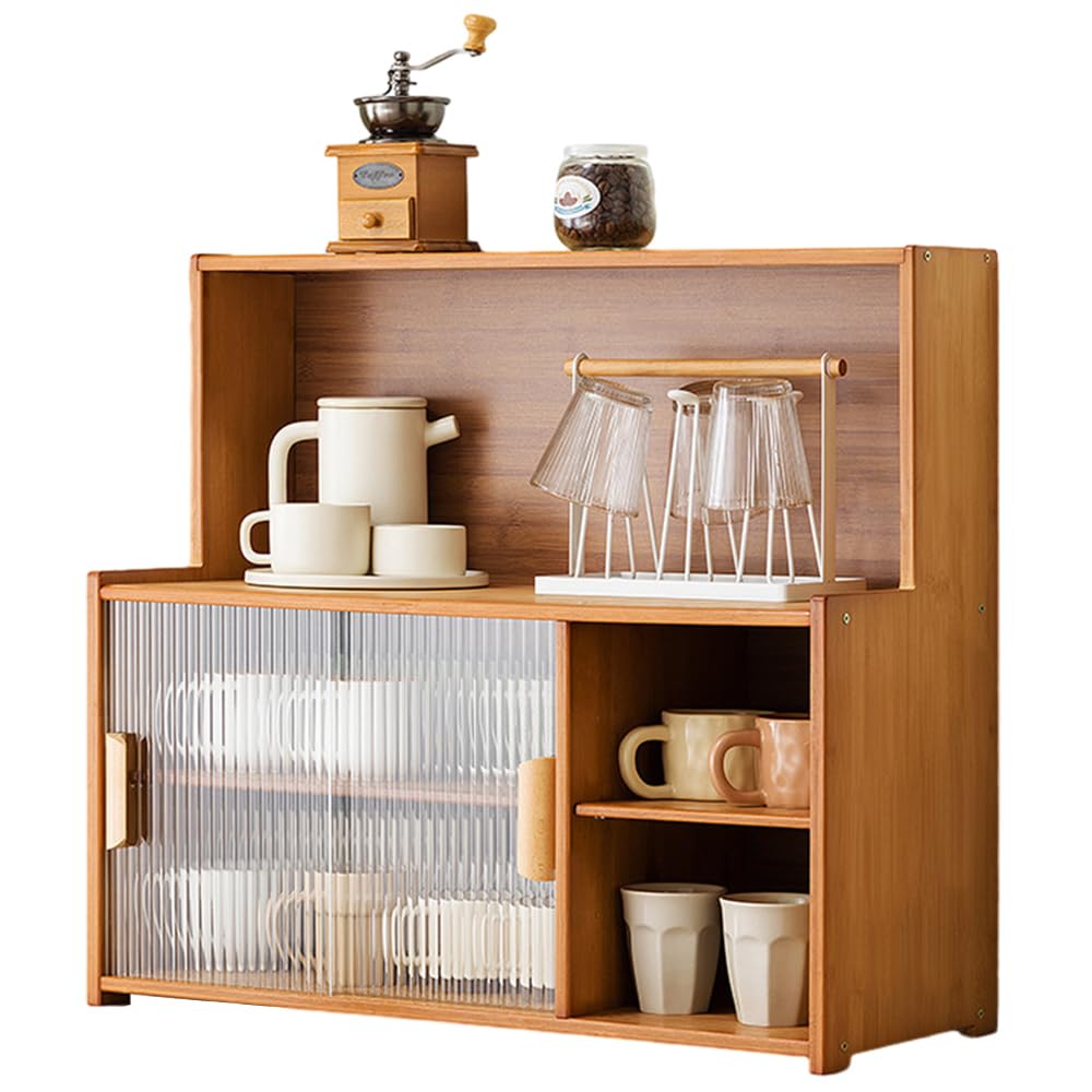 SINBINTA Bambus-Küchen-Sideboard, Küchenschrank mit 2 Glasschiebetüren, freistehender Essschrank, Aufbewahrungsschrank für Flaschen, Schalen, 67 cm lang