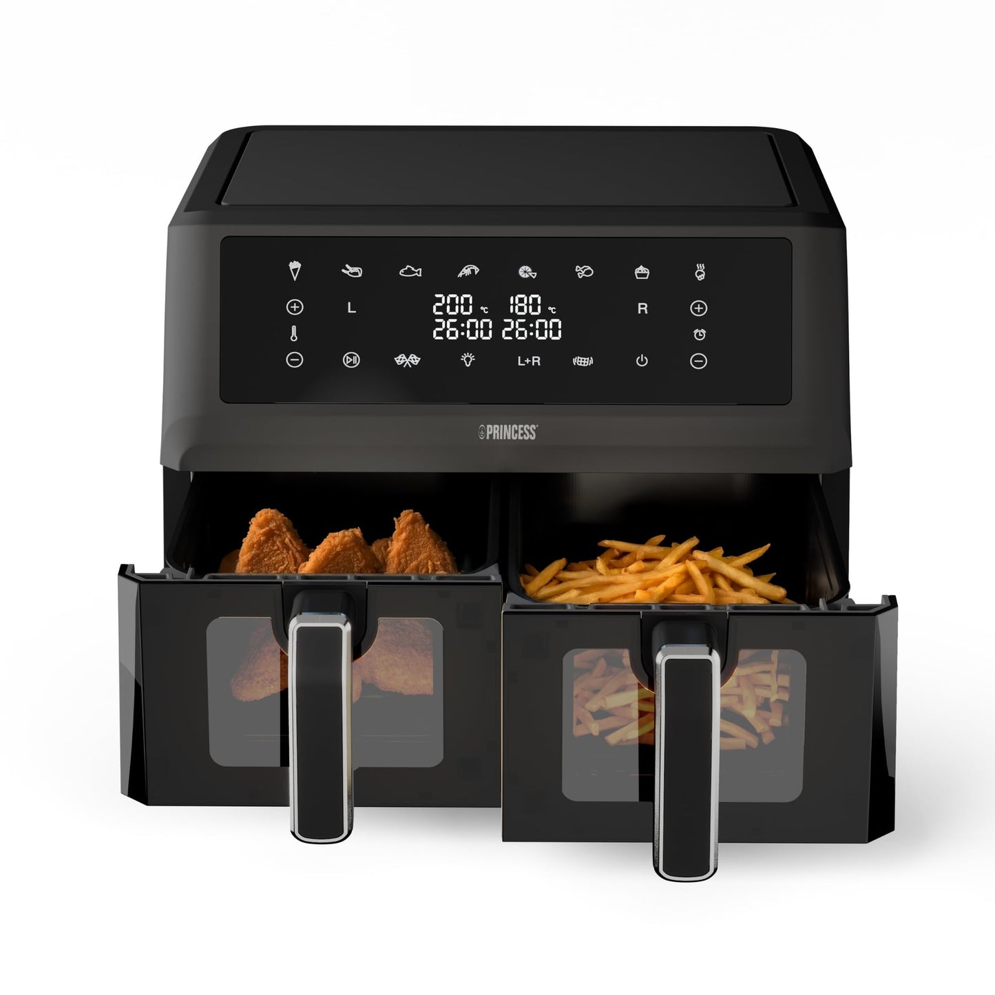 Princess Digital Hot Air Fryer - 6.5 L - with Removable Divider - 60 Percent Less Energy Consumption - Digital Touchscreen - 12 Programmes - Oil Free - Black - 182061