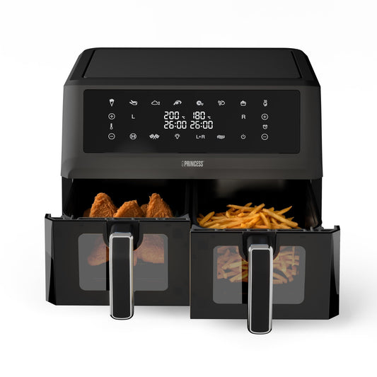 Princess Digital Hot Air Fryer - 6.5 L - with Removable Divider - 60 Percent Less Energy Consumption - Digital Touchscreen - 12 Programmes - Oil Free - Black - 182061