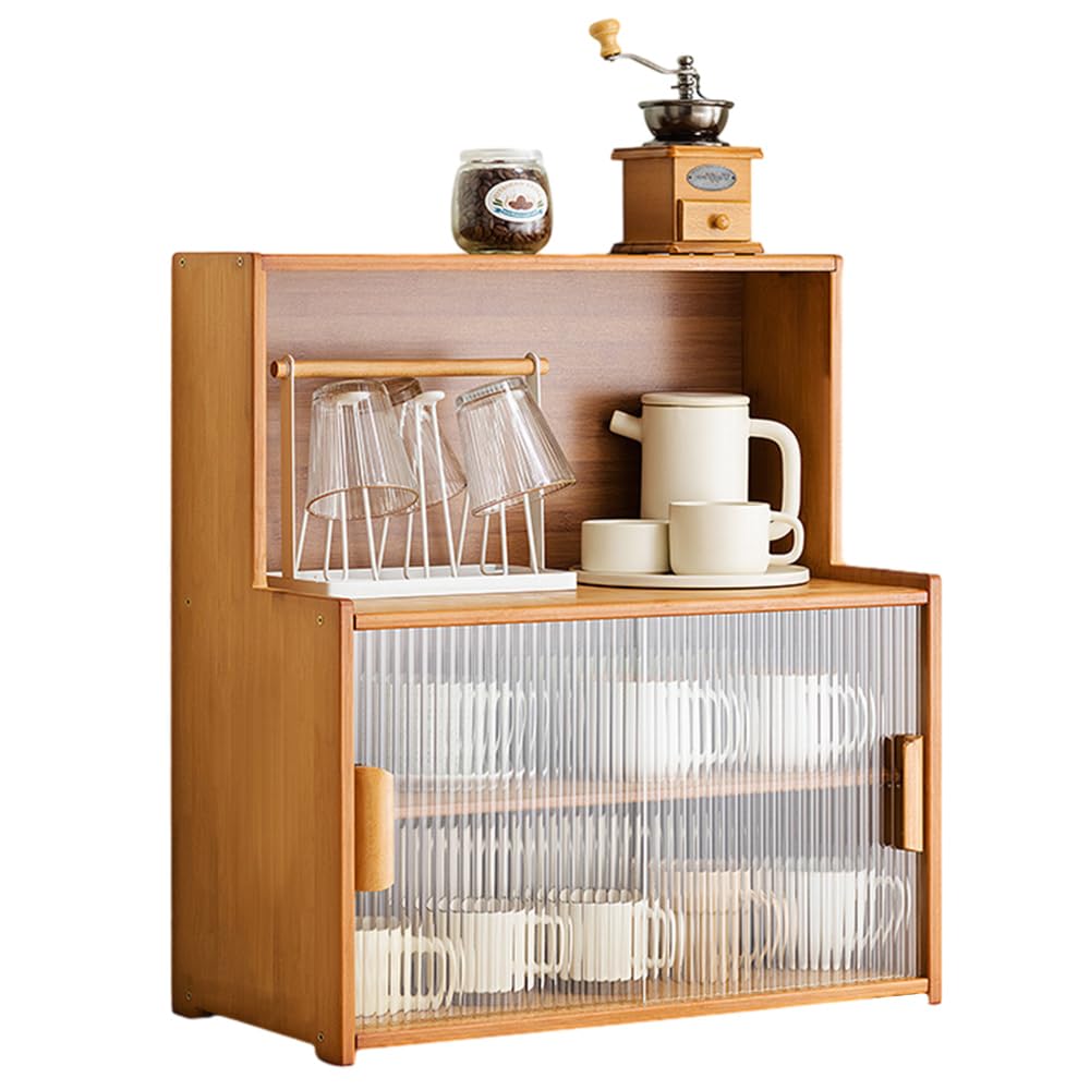 SINBINTA Bambus-Küchen-Sideboard, Küchenschrank mit 2 Glasschiebetüren, freistehender Essschrank, Aufbewahrungsschrank für Flaschen, Schalen, 67 cm lang