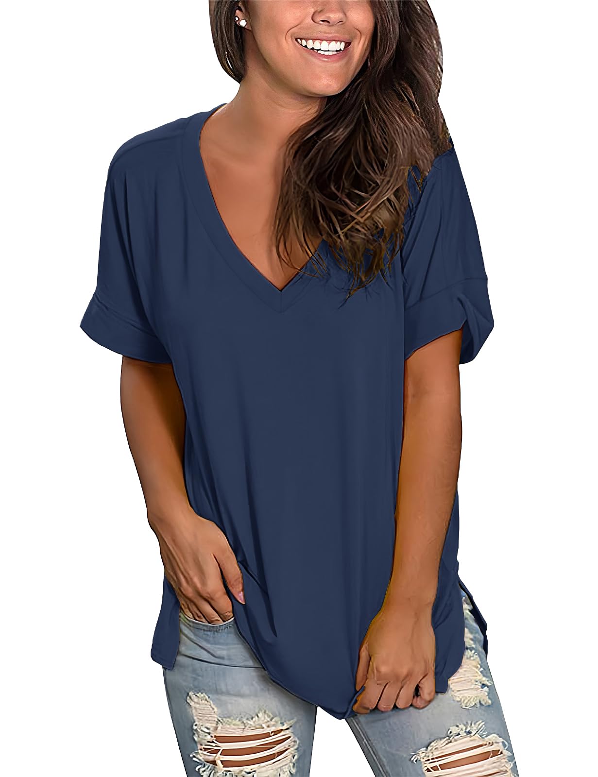 Women’s V-Neck Cotton T-Shirt – Short Sleeve Loose Fit Summer Tee
