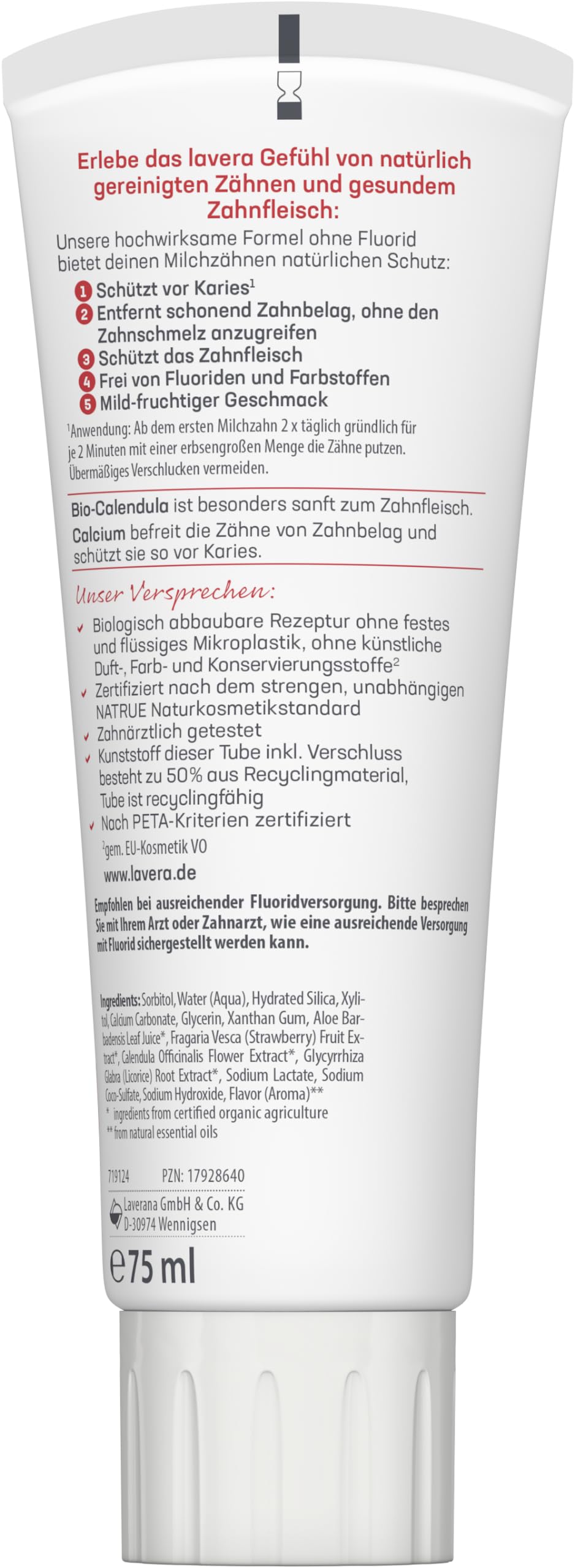 lavera Zahncreme Kids FLUORIDFREI - ohne Farbstoffe - schützt Milchzähne - mild-fruchtig - Bio Calendula & Calcium - Vegan - 75 ml