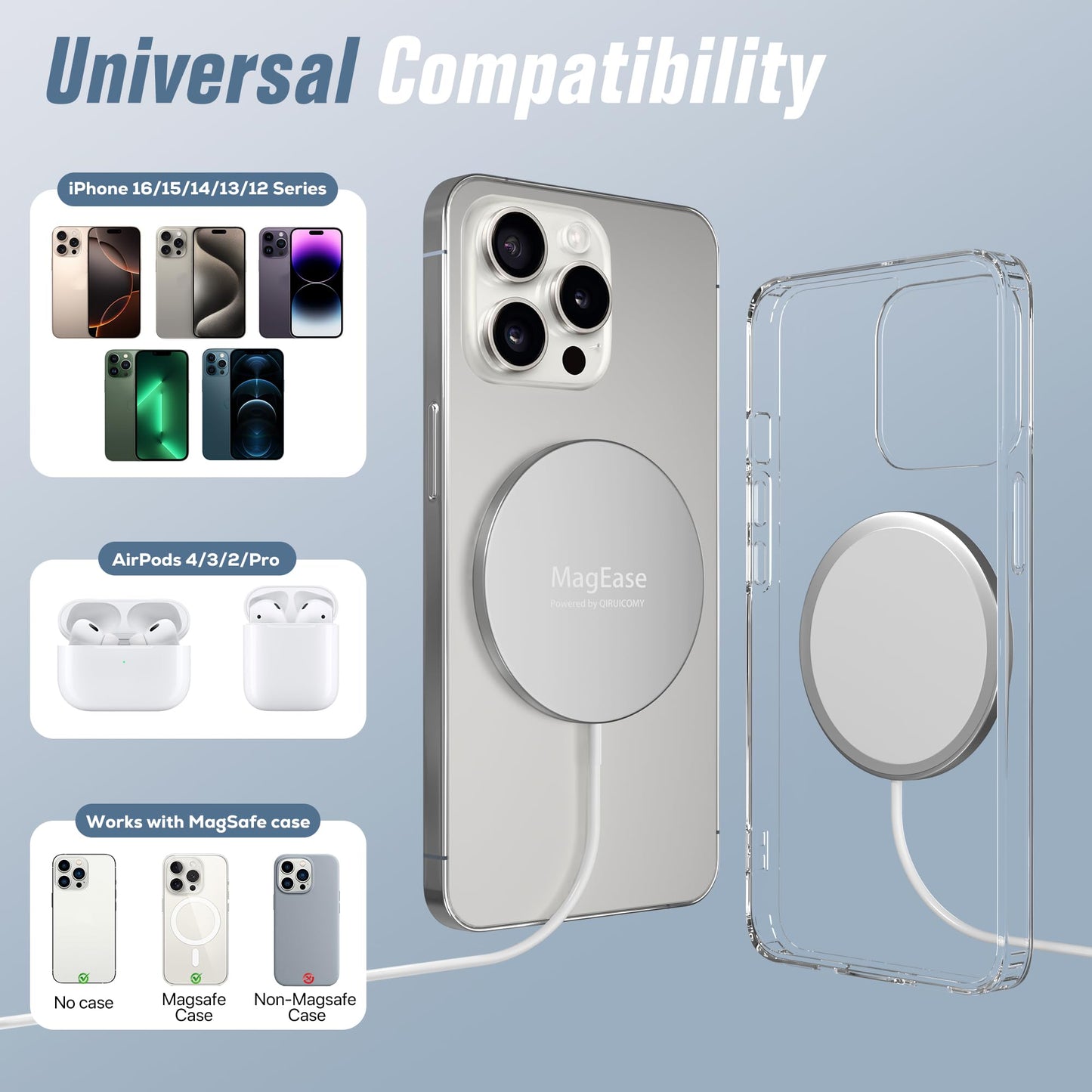 Magnetisches kabelloses Ladegerät, MagEase 15 W kabelloses Ladegerät mag~Safe, kompatibel mit iPhone 17/16/15/14/13/12-Serie und AirPods 3/2/Pro,2-Stück (Weiß)