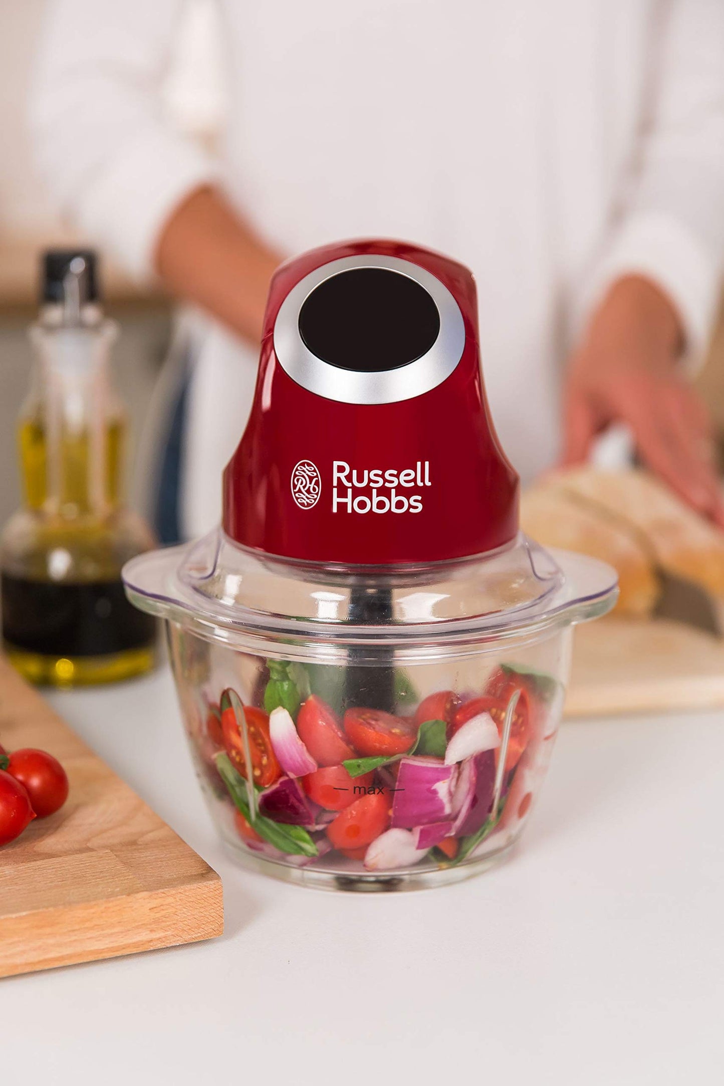 Russell Hobbs Zerkleinerer elektrisch Mini [Glasbehälter inkl. Aufbewahrungsdeckel] Desire Rot (500ml, Gemüsezerkleinerer, Mixer, Multi-& Universalzerkleinerer f. Gemüse, Obst & Fleisch) 24660-56