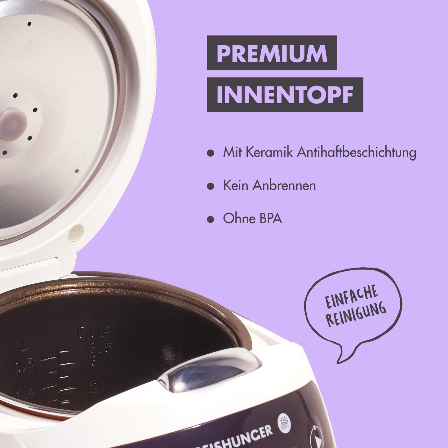 REISHUNGER Digitaler Reiskocher klein, schwarz | 0,6 L bis 3 Personen | Warmhaltefunktion, Timer & Premium Topf | Kleiner Multikocher & Dampfgarer, 8 Programme, 7-Phasen-Technologie