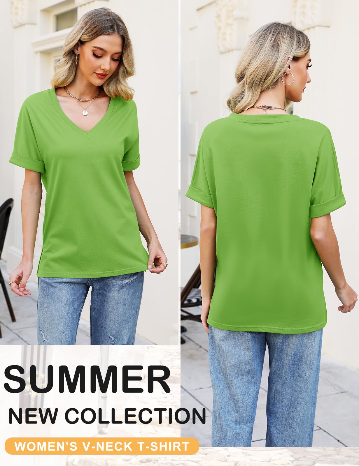 Women’s V-Neck Cotton T-Shirt – Short Sleeve Loose Fit Summer Tee
