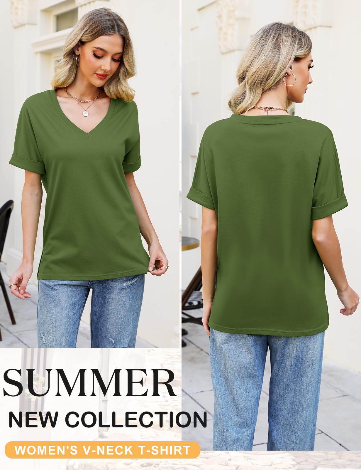 Women’s V-Neck Cotton T-Shirt – Short Sleeve Loose Fit Summer Tee