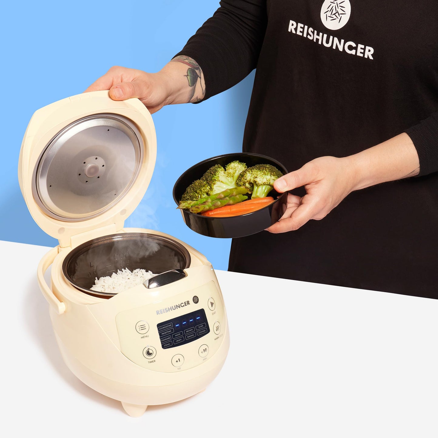 REISHUNGER Digitaler Reiskocher klein, schwarz | 0,6 L bis 3 Personen | Warmhaltefunktion, Timer & Premium Topf | Kleiner Multikocher & Dampfgarer, 8 Programme, 7-Phasen-Technologie