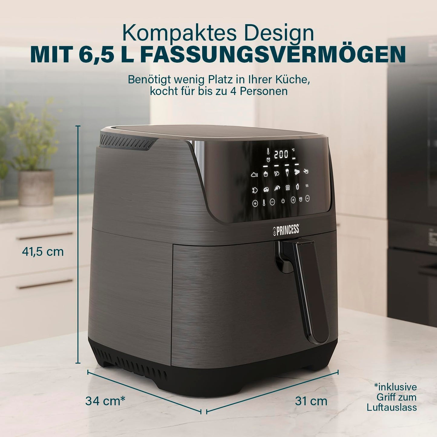 Princess Digital Hot Air Fryer - 6.5 L - with Removable Divider - 60 Percent Less Energy Consumption - Digital Touchscreen - 12 Programmes - Oil Free - Black - 182061