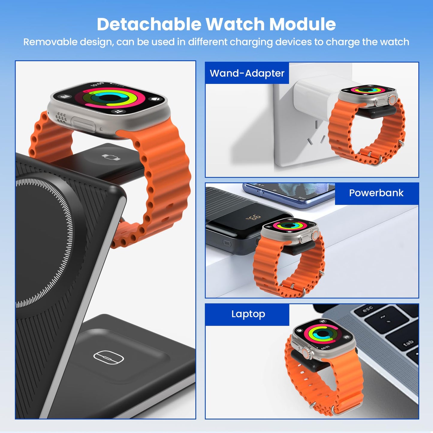 CIYOYO 3-in-1 Wireless Charging Station, Foldable MagSafe Charger for iPhone 16/15/14 Pro Max/Plus, Wireless Charger Stand for Apple Watch 10/9/8/7/6/5/Ultra, for AirPods 4/3/2/Pro, with Adapter 