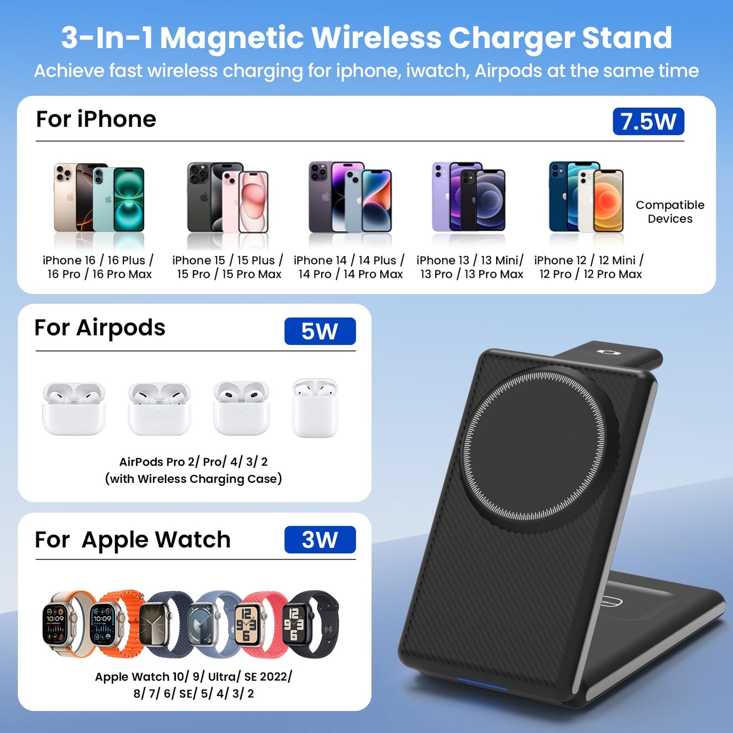 CIYOYO 3-in-1 Wireless Charging Station, Foldable MagSafe Charger for iPhone 16/15/14 Pro Max/Plus, Wireless Charger Stand for Apple Watch 10/9/8/7/6/5/Ultra, for AirPods 4/3/2/Pro, with Adapter 