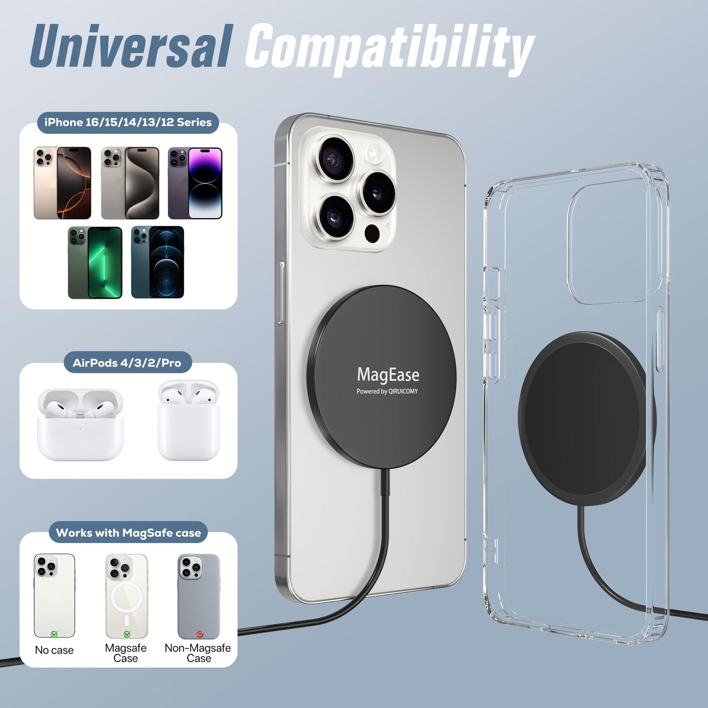 Magnetisches kabelloses Ladegerät, MagEase 15 W kabelloses Ladegerät mag~Safe, kompatibel mit iPhone 17/16/15/14/13/12-Serie und AirPods 3/2/Pro,2-Stück (Weiß)